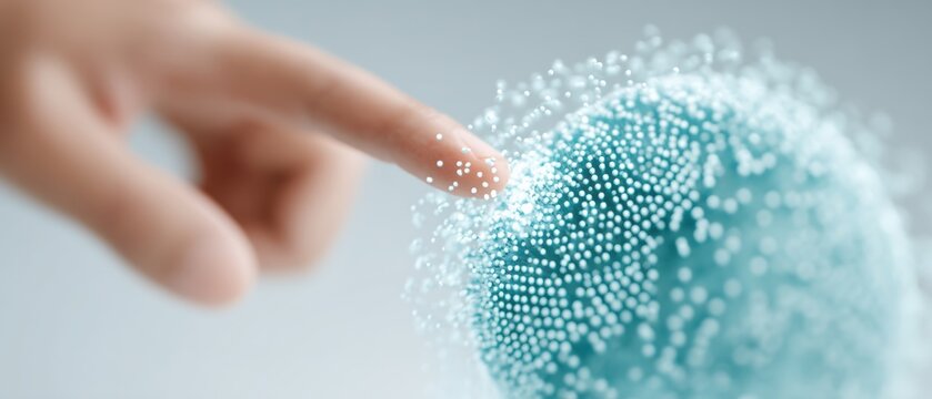A human finger gently interacts with a digital sphere symbolizing technology and innovation surrounded by luminous particles and a cutting edge design that captures the essence of modern advancements