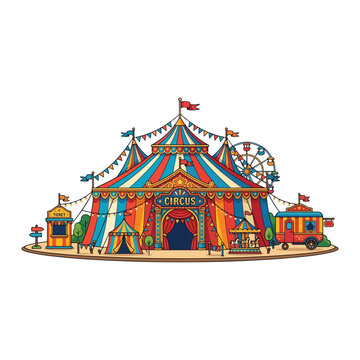 Colorful carnival circus tent with ferris wheel carousel and ticket booth