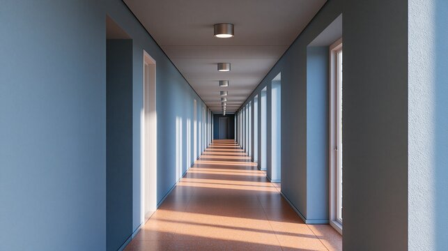 Modern long empty corridor interior design with warm light and blue walls