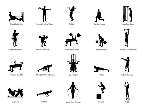 Fitness exercise silhouette set, gym workout human poses and strength training