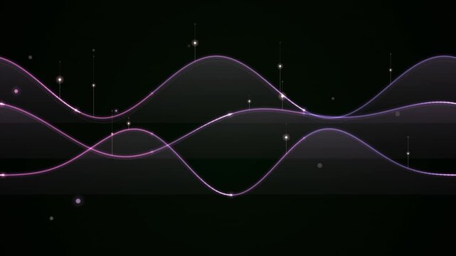 Glowing purple sine waves with bright particles loop smoothly across a dark background.