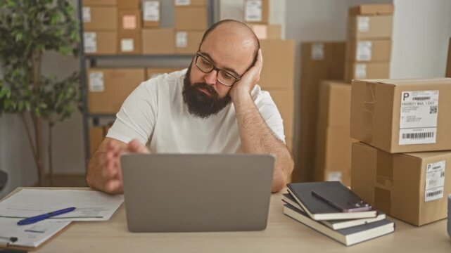 Man bald with beard and glasses uses laptop and rests head on hand amid stacked shipping parcels, notebooks and barcode scanner on desk in storage building; fatigue.