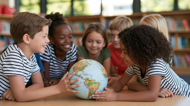 Diverse schoolchildren gathered around a globe while learning about different cultures and countries, colorful educational environment, global education, multicultural students,