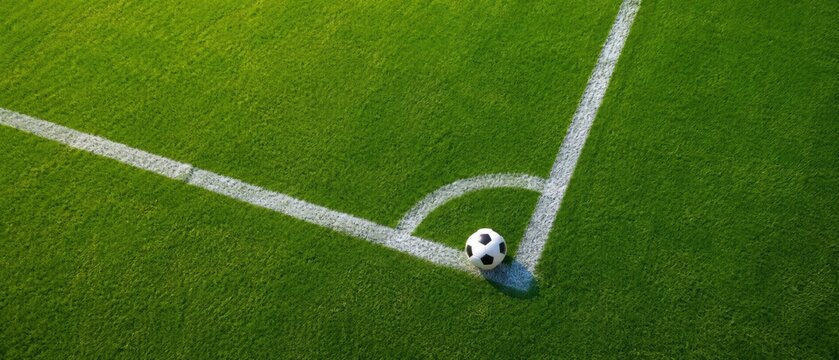 soccer ball resting inside white corner arc on green football pitch ready for corner kick