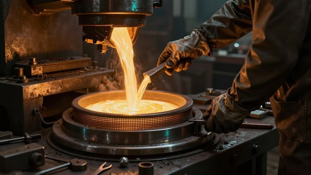 A worker pours molten gold into a mold during the industrial refining stage of precious metal extraction.