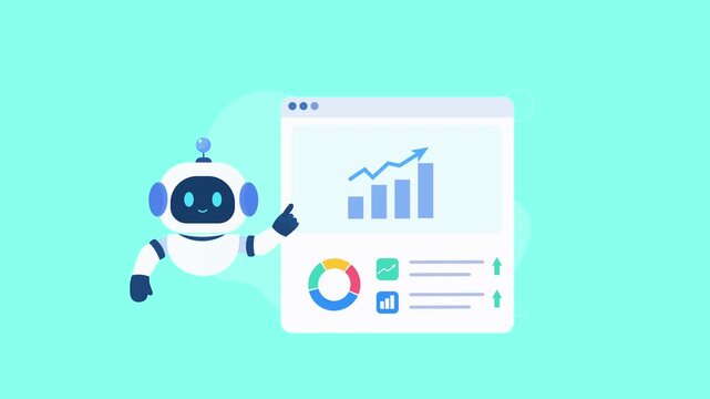 Animated video showing a friendly AI robot presenting a digital business analytics dashboard with bar charts, pie charts, metrics, and data visualization on a bright turquoise background.