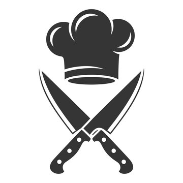 Chef hat and crossed kitchen knives logo symbol