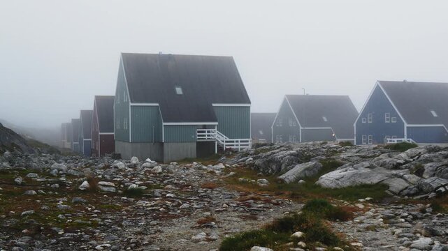 Foggy Residential Houses in Nuuk Greenland, Static 4K Wide Shot