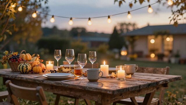 A rustic wooden table adorned with candles, wine glasses, and seasonal harvest decorations under string lights during twilight.