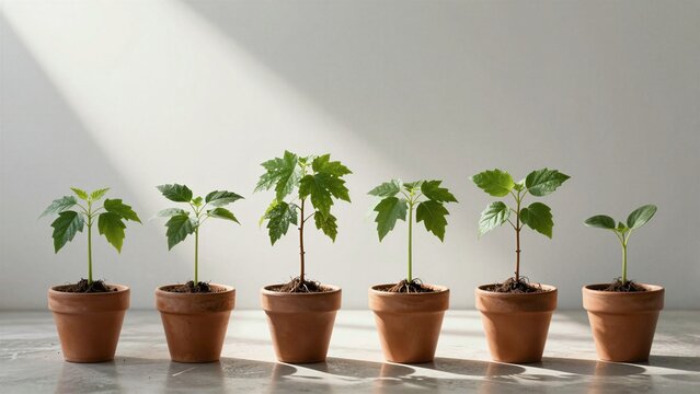 A row of potted plants illustrates various growth stages from seedling to mature foliage under natural light.