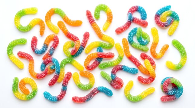 Multi-colored sugary gummy worms scattered across a bright white background representing sweet treat party snacks