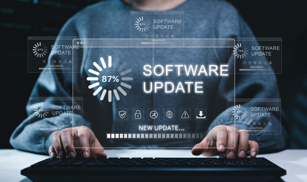 Software update or operating system, update software application upgrade technology concept. updating progress bar, installing app patch, new version loading, program downloading, improved security,