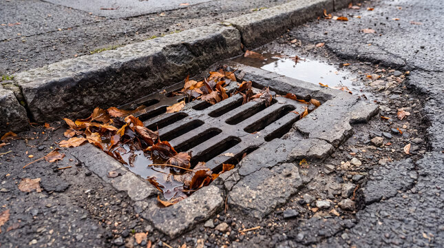 City street drain blocked by autumn leaves during wet weather, indicating potential urban flooding risk