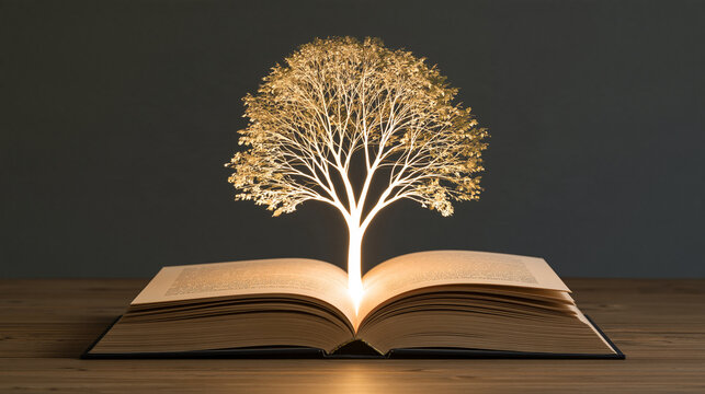 Open books transforming visually into a glowing tree of knowledge, imaginative educational concept showing learning, growth and academic development, books, knowledge, education,