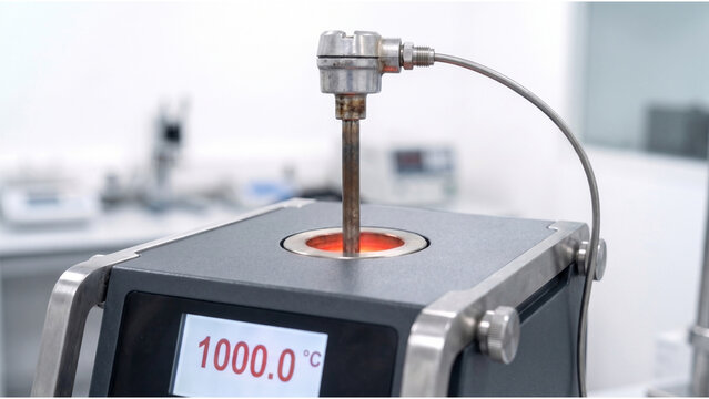 High temperature dry block calibrator with industrial RTD probe operating at 1000 degrees Celsius in precision metrology laboratory