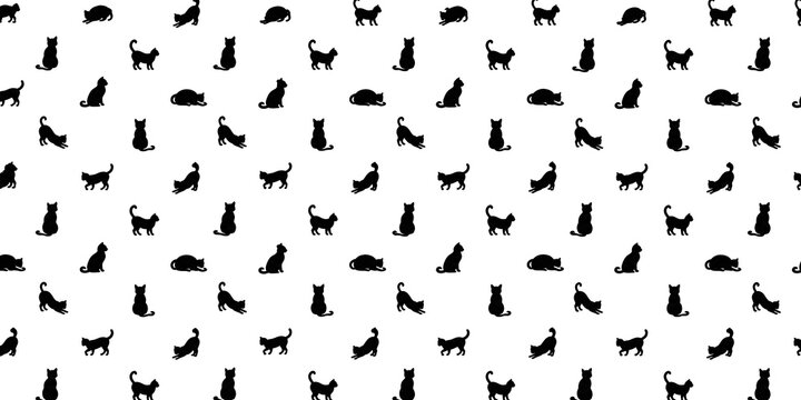 Minimalist black cat silhouette seamless pattern, repetitive feline animal wallpaper, monochrome kitten silhouettes on white background