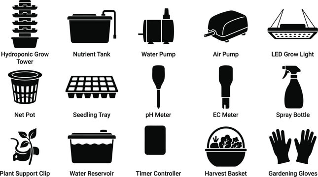 Set of black silhouette icons representing essential gardening equipment and tools for indoor hydroponic plant cultivation and home farming systems