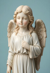 Fototapeta premium Spirituality and peace concept, marble angel statue with wings and serene expression for religious or memorial design on a soft blue background