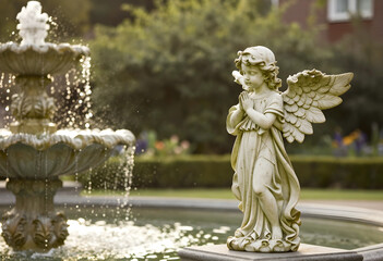 Fototapeta premium Spirituality and peace stone angel statue praying by a garden fountain for meditation mindfulness and religious reflection in a quiet outdoor park