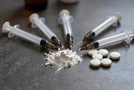 Opioid crisis and drug addiction, medical syringes and white powder with pills on dark surface for substance abuse and illegal narcotics investigation