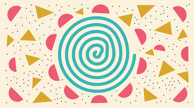Abstract geometric pattern with a central teal spiral surrounded by pink semicircles and gold triangles