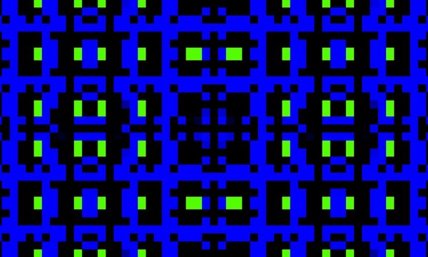 A structured digital matrix grid pattern showcasing dense blue square blocks and bright green pixel accents in a symmetrical vertical layout on a black background, suitable for tech themes and textile