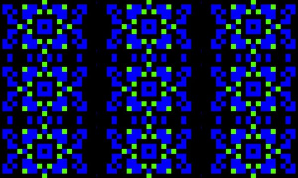A retro 8-bit tiled ornament pattern featuring repeating square blue and green pixel flowers on a dark background, perfect for gaming graphics, decorative wallpapers, and unique fabric prints.