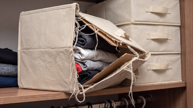 Damaged fabric storage box with torn lid, showing neglected clothing storage in a worn out closet organizer