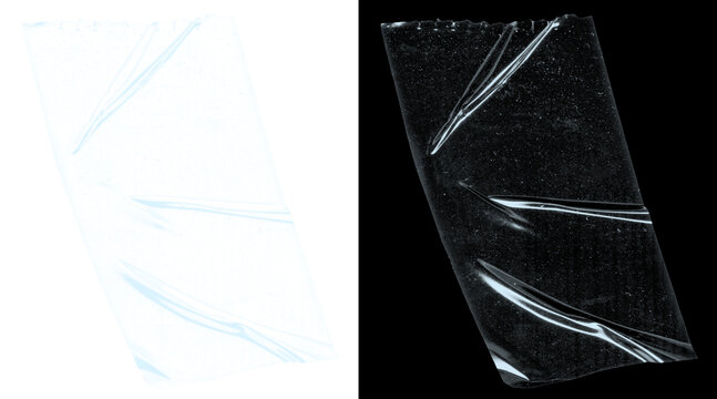 Transparent plastic texture with wrinkles, clear cellophane wrap overlay on black background, wrinkled polyethylene film for design mockups