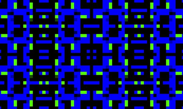 A seamless digital labyrinth pattern with blue bars and green pixel accents on a black background, perfect for tech decor and fabric.
