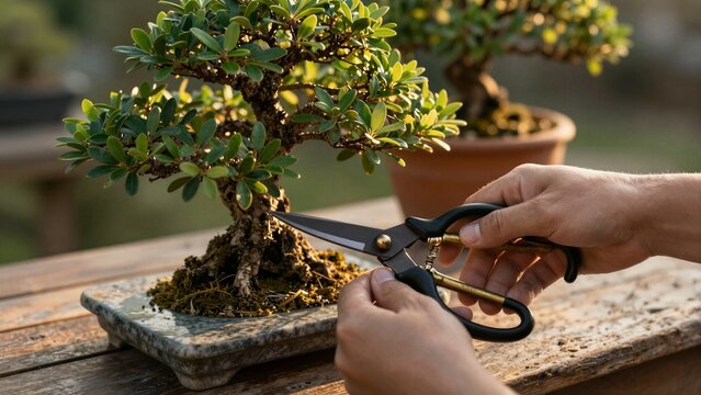 A person carefully trims a miniature bonsai tree using sharp shears on a wooden table under warm sunlight.