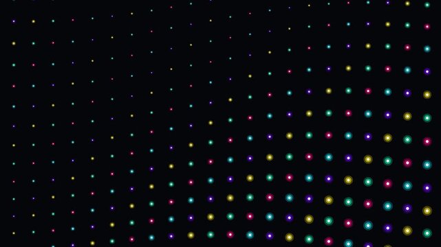 High-definition seamless glowing neon dot background loop featuring glowing neon dot matrix ocean wave loop with vibrant cyberpunk color aesthetics. Ideal for VJ visuals, concert backdrops, digital 