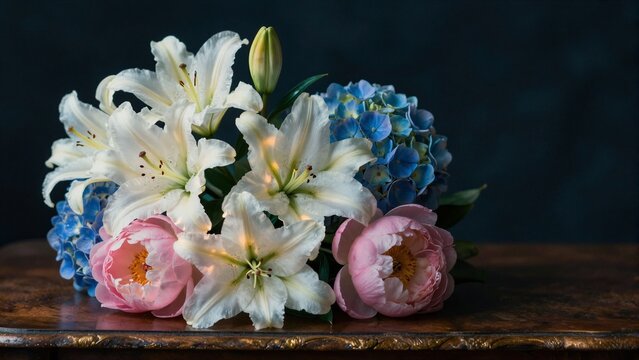 A refined still life featuring white lilies, pink peonies, and blue hydrangeas arranged on an ornate wooden surface against a dark backdrop.