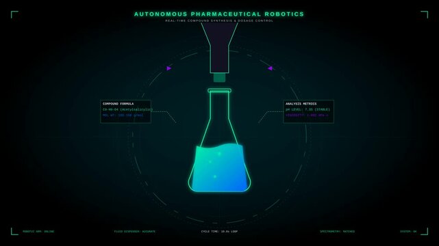 Futuristic Digital Interface Displaying Autonomous Pharmaceutical Robotics Laboratory Synthesis