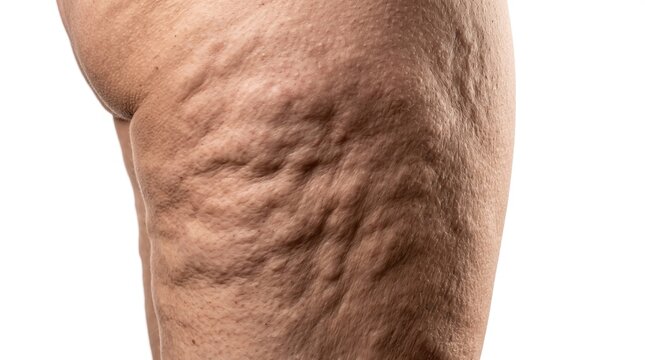 Close up of female thigh and buttocks displaying severe cellulite and dimpled orange peel skin