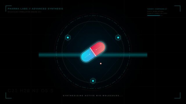 Futuristic Digital Pharmaceutical Synthesis HUD Interface Analyzing Molecular Bio Molecule Capsule