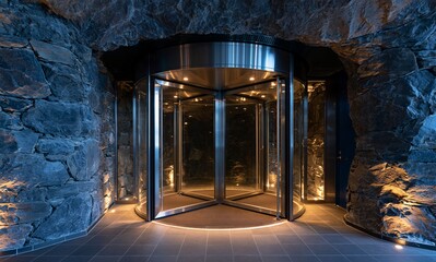 Fototapeta premium Modern glass revolving door built inside a dark natural stone rock cave