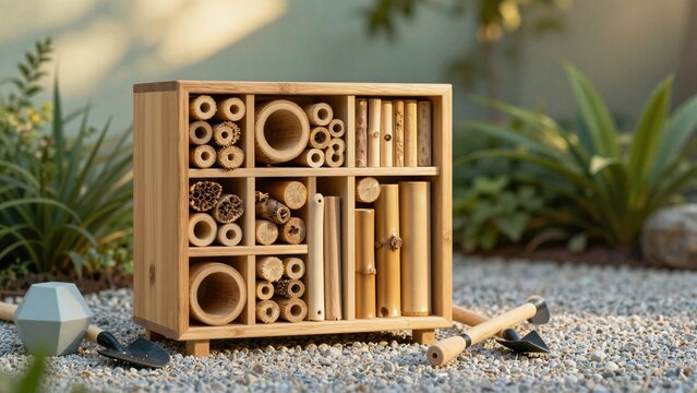 A wooden insect hotel filled with bamboo tubes sits on gravel surrounded by green plants and gardening tools under soft sunlight.