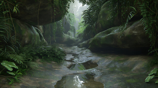 A tranquil stream flowing through a rocky, moss-covered jungle gorge with lush tropical vegetation and hanging vines, featuring small pools of water reflecting the soft, diffused forest light