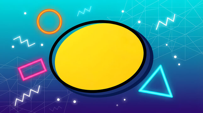 Yellow oval frame with neon geometric shapes on a blue gradient background for graphic design