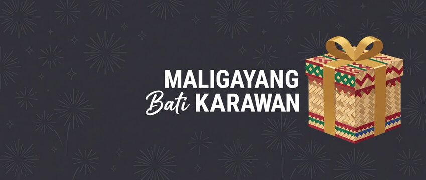Maligayang Bati Kaarawan gift box Tagalog birthday banner celebration card template with traditional woven native box and ribbon on dark festive fireworks background for greeting cards