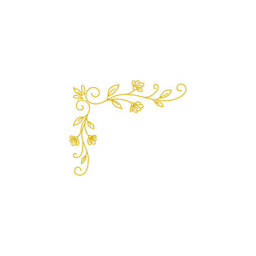 Golden floral corner decoration with leaves and flowers isolated on transparent background