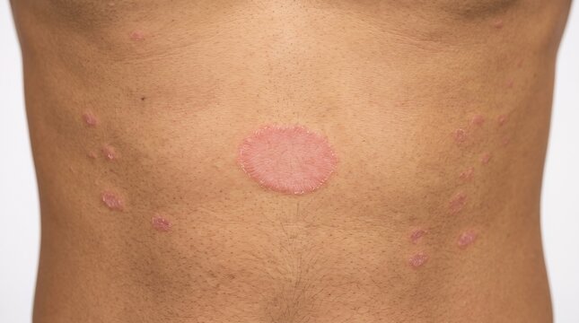 Male abdomen showing a large scaly red plaque indicating pityriasis rosea herald patch or fungal ringworm infection