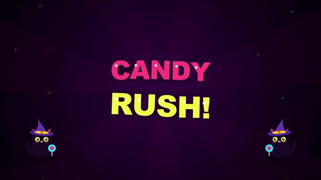 Purple mobile game background with candy rush text and witch cats