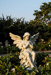 Fototapeta premium Spirituality and peace, stone angel statue praying in a garden at sunset for memorial, religion and hope with calm outdoor cemetery scenery