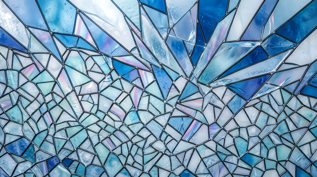 Beautiful abstract stained glass window with vibrant blue and white shattered mosaic pattern creating a modern textured background design