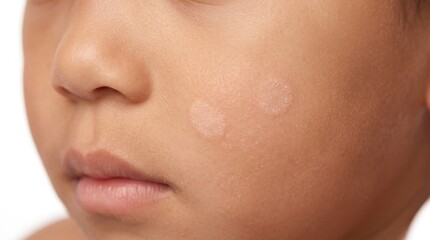 Obraz premium Close up of young child face exhibiting multiple hypopigmented scaly spots characteristic of pityriasis alba skin disorder