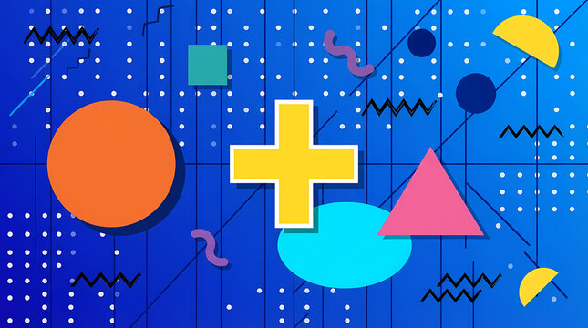 Abstract geometric shapes and patterns with a central plus sign on a blue background