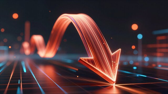 Vibrant glowing arrow points downward on a digital grid, symbolizing decline or decrease.