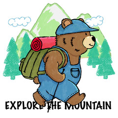 Obraz premium Brown Bear hiking club and explore the mountain hand drawing illustration